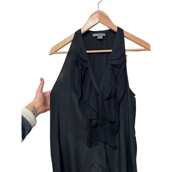 Vince Silk Blend Ruffle V-Neck Handkerchief Hem Button Down Blouse Black Medium - Picture 6 of 12